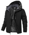 Buyboxs Chaqueta de nieve de invierno para hombre, impermeable, para esquí, snowboard, lluvia, abrigo, con capucha aislada, forro polar, Negro, Grande