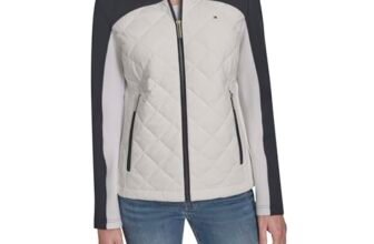 Tommy Hilfiger Chaqueta deportiva acolchada para mujer, color blanco brillante multicolor, talla L