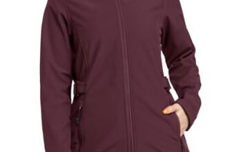 Outdoor Ventures Chaqueta de Softshell para Mujer con Capucha Removible, Cortavientos Aislado Impermeable con Forro de Fleece Cálido, Vino