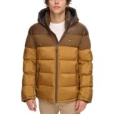 Tommy Hilfiger Chaqueta acolchada con capucha para hombre (Estándar y Big & Tall), Bloque de color marrón, Grande