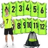 PULUOMASI Scrimmage – Chaleco de entrenamiento (12 unidades) para deportes de equipo, camisetas para adultos y jóvenes, baberos de fútbol, camisetas de práctica numeradas, Verde