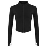 Lviefent – Chaqueta ligera con cremallera completa para mujer, ajustada, para correr, atletismo, yoga, ropa deportiva, con orificios para el pulgar, Negro, Mediana