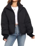 Flygo Abrigos de invierno con capucha acolchada para mujer 2025, chaquetas cortas y cálidas, chaquetas acolchadas exteriores con bolsillos, Negro, Pequeña
