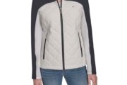 Tommy Hilfiger Chaqueta deportiva acolchada para mujer, color blanco brillante multicolor, talla L
